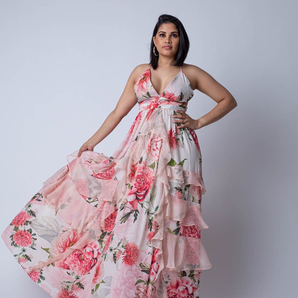 Backless Peach Long Dress with a Floral Pattern and a Deep Neckline